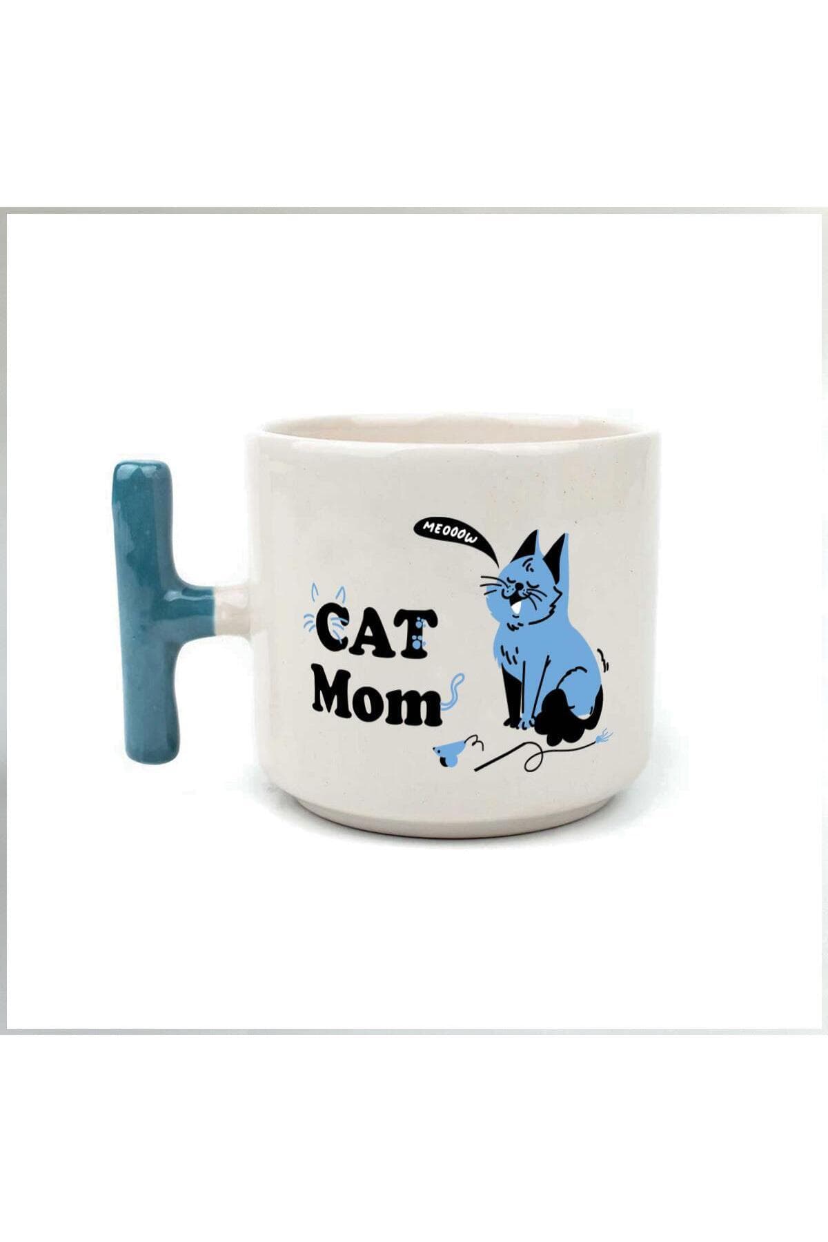 Cat Mom Baskılı Mavi Kulplu T Kupa