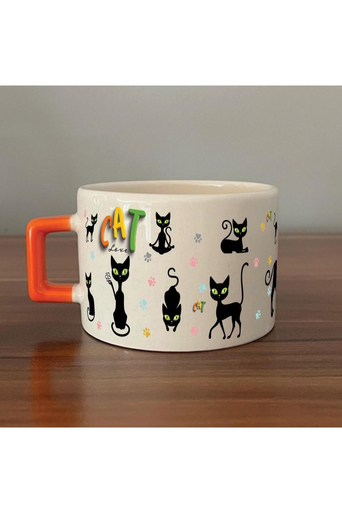 Cat Love Baskılı Turuncu Kulplu Kare Espresso Fincanı