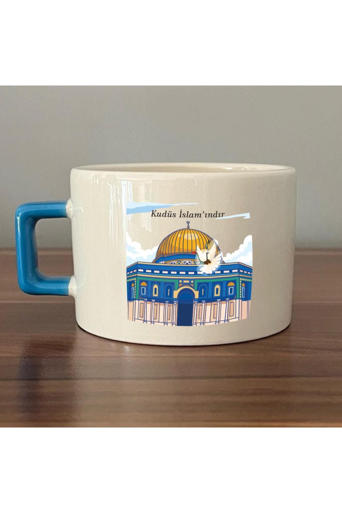 Kudüs İslam'ındır Baskılı Mavi Kulplu Kare Espresso Fincanı