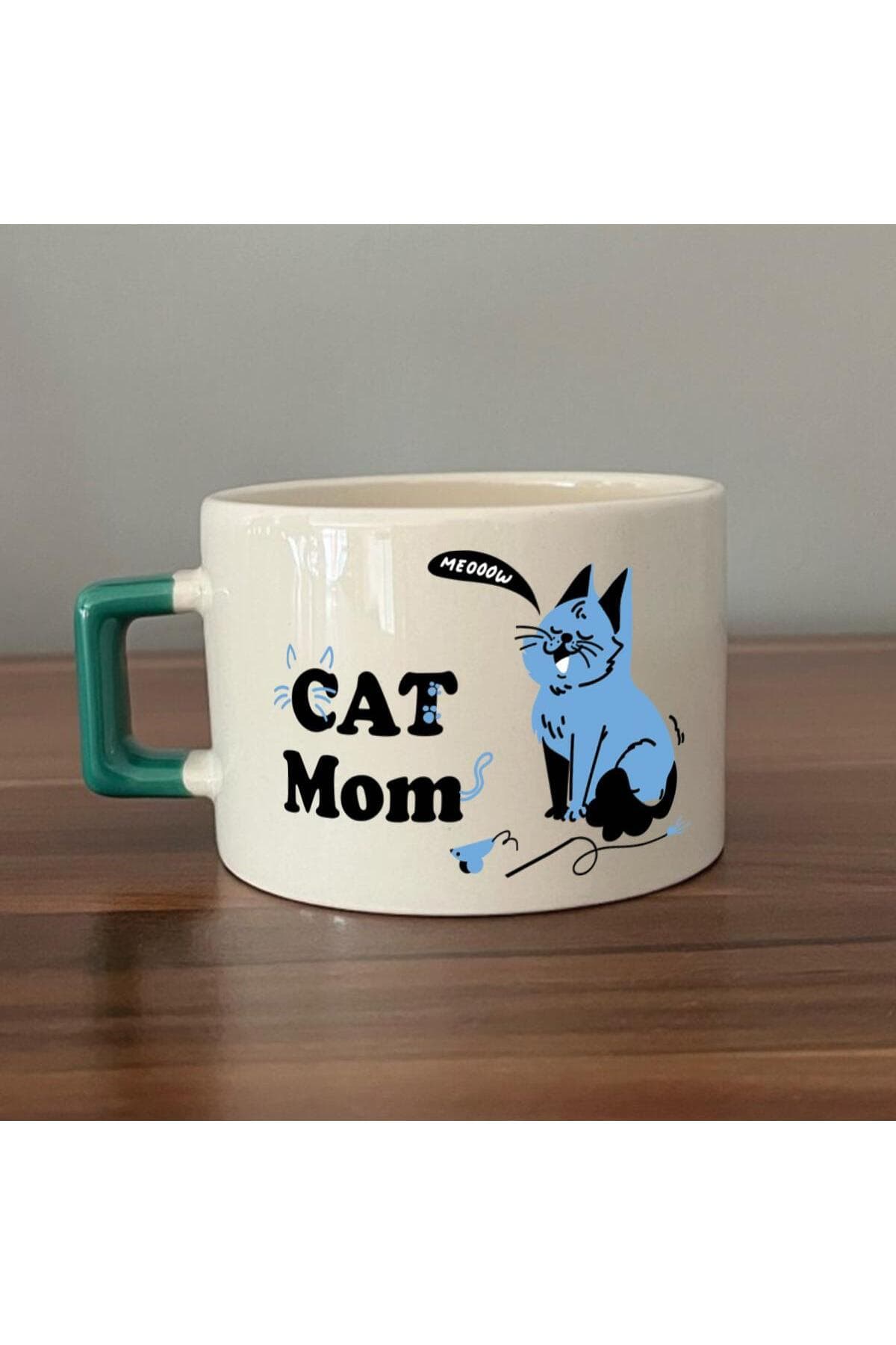 Cat Mom Baskılı Yeşil Kulplu Kare Espresso Fincanı