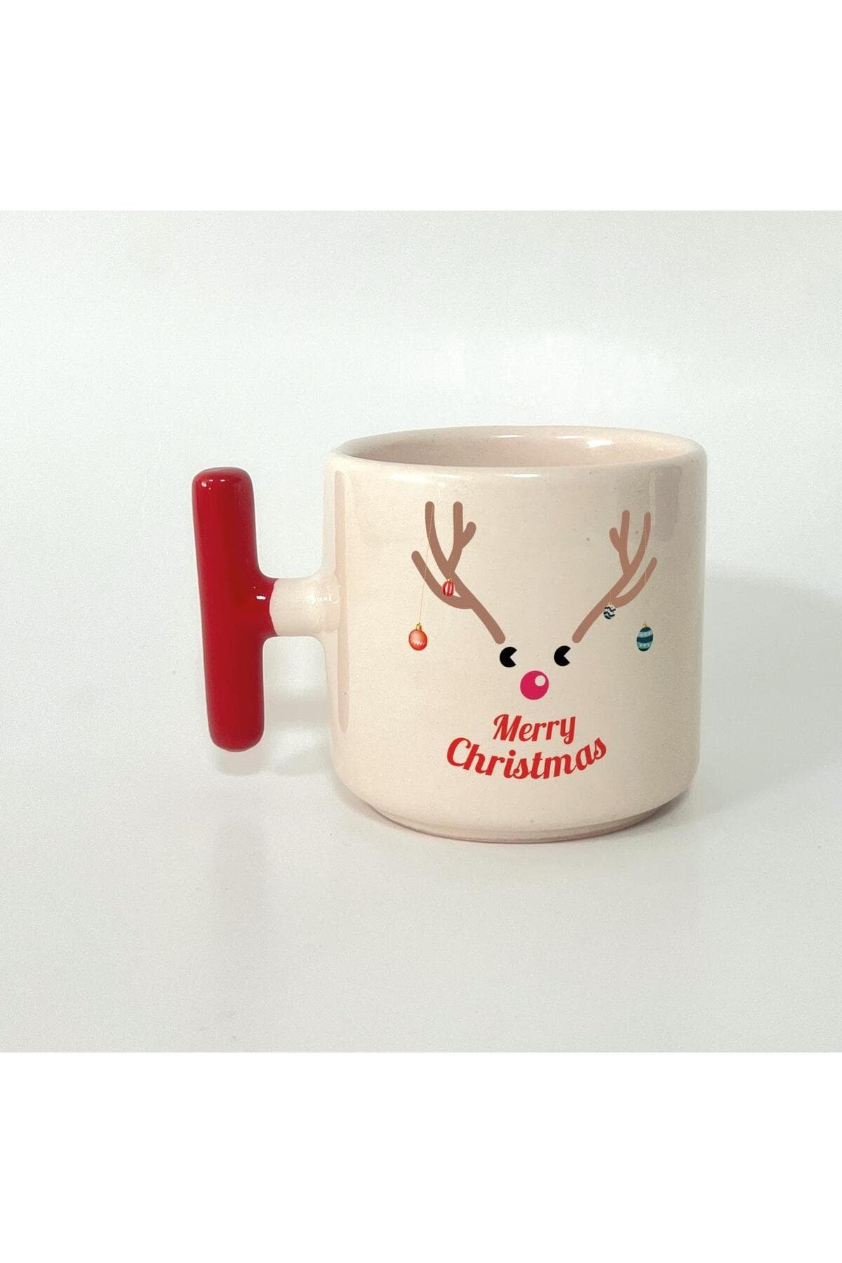 Merry Christmas Geyik Baskılı Kırmızı Kulplu T Yılbaşı Kupası
