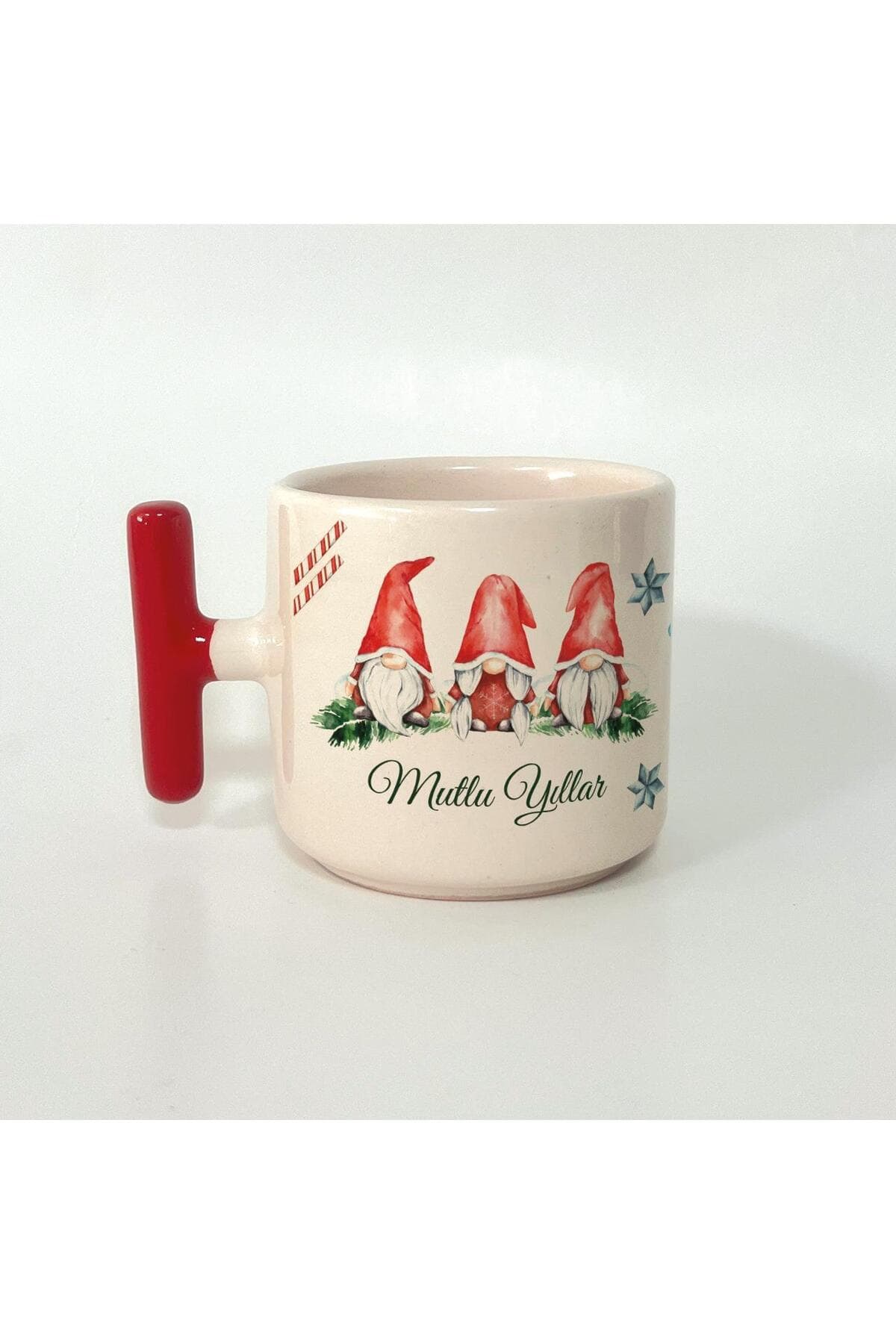 Mutlu Yıllar 3 Noel Baba Baskılı Kırmızı Kulplu T Yılbaşı Kupası