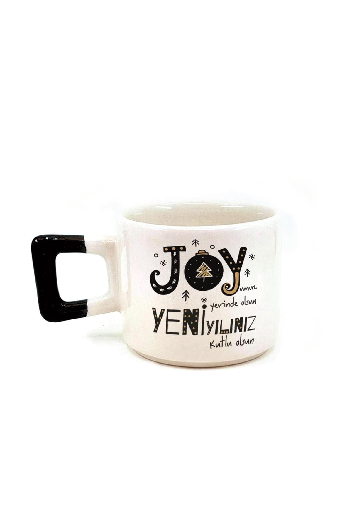 Joyumuz Yerinde Olsun Baskılı Siyah Kulplu Kare Yılbaşı Kupası