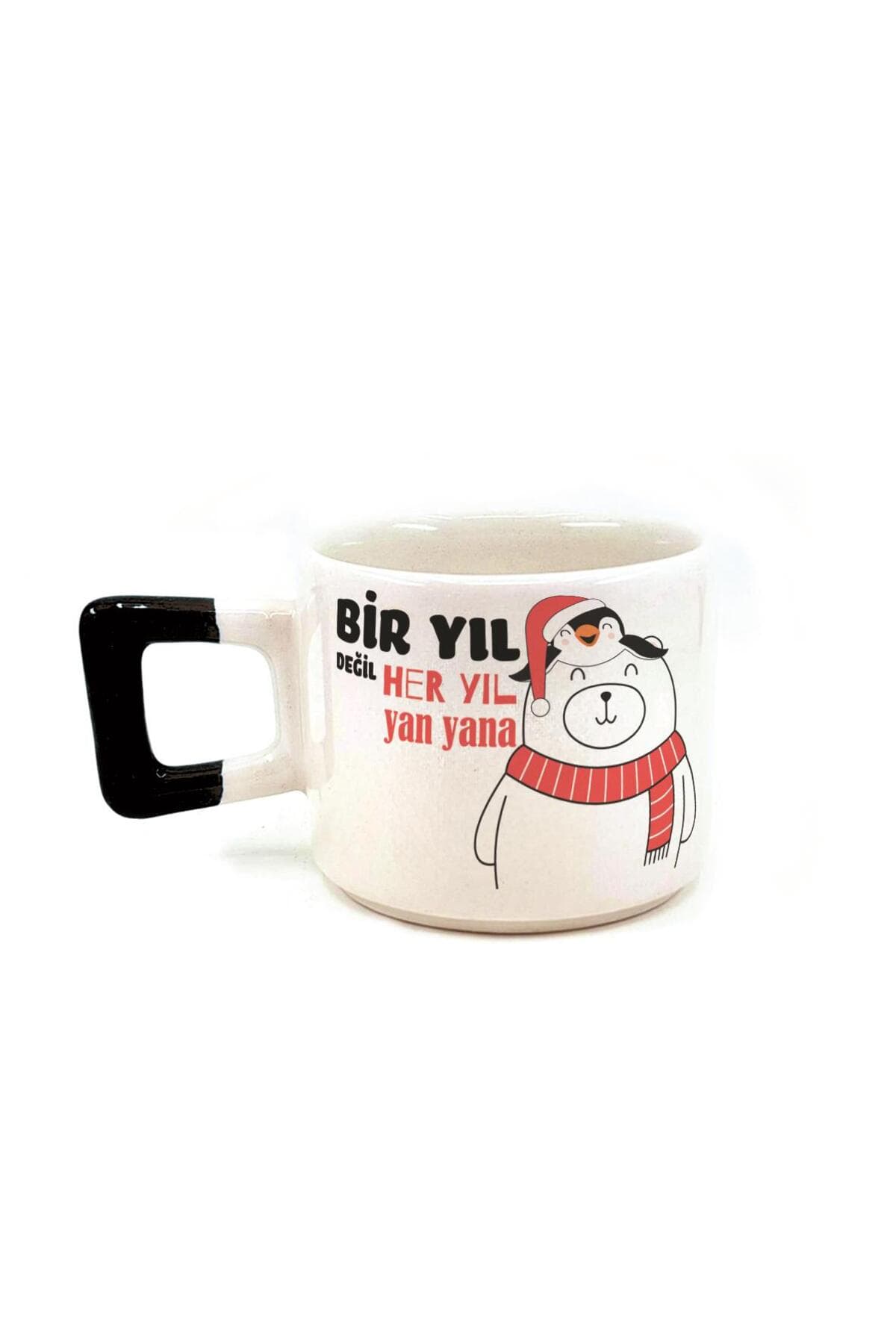 Bir Yıl Değil Her Yıl Yan Yana Penguen Baskılı Siyah Kulplu Kare Yılbaşı Kupası