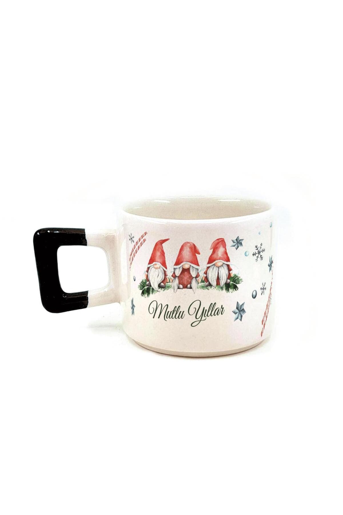 Mutlu Yıllar 3 Noel Baba Baskılı Siyah Kulplu Kare Yılbaşı Kupası