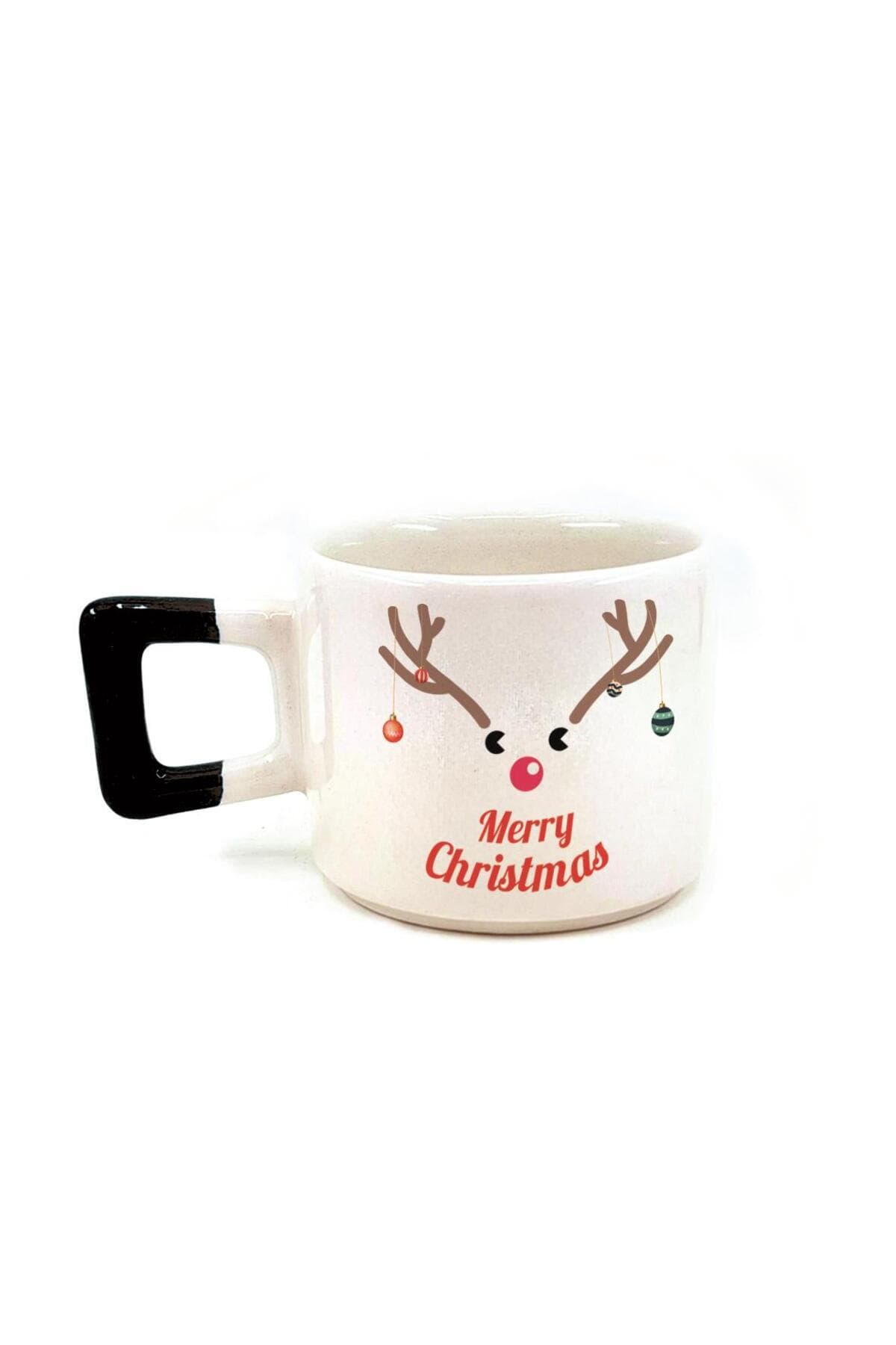 Merry Christmas Geyik Baskılı Siyah Kulplu Kare Yılbaşı Kupası