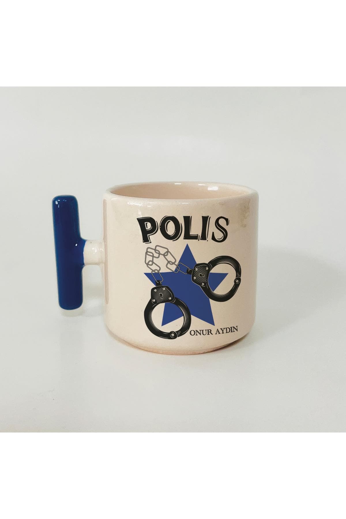 Kişiye Özel Polis Yıldızı ve Kelepçe Baskılı Mavi Kulplu T Kupa