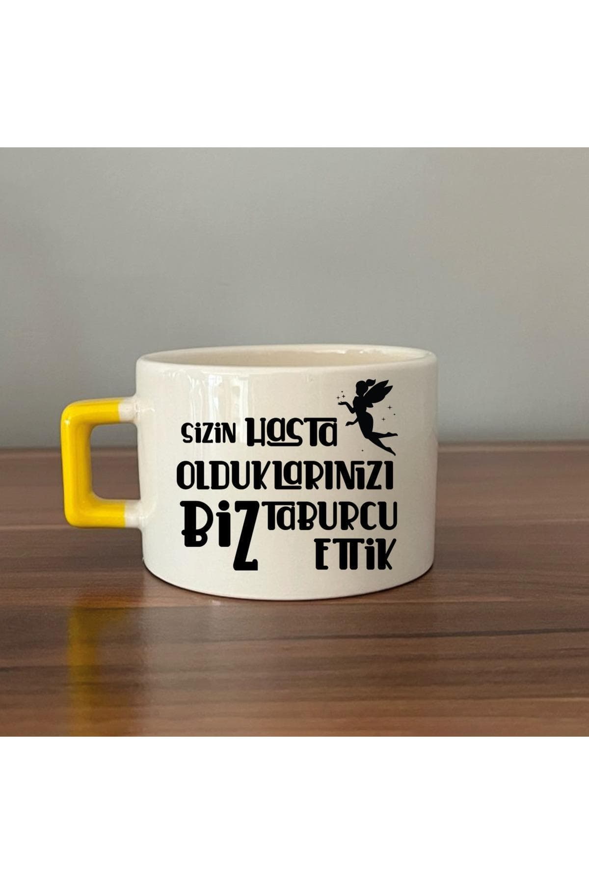 Sizin Hasta Olduklarınızı Biz Taburcu Ettik Baskılı Sarı Kulplu Kare Espresso Fincanı