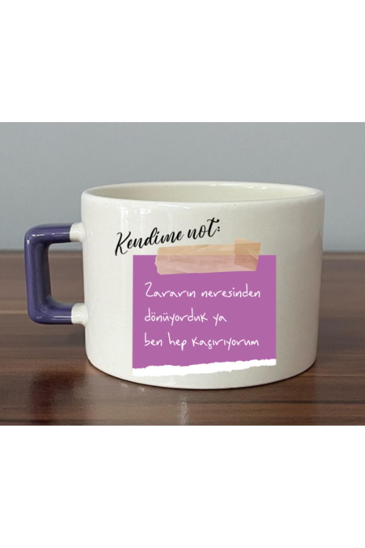 Kendime Not: Zararın Neresinden Dönüyorduk Baskılı Mor Kulplu Kare Espresso Fincanı