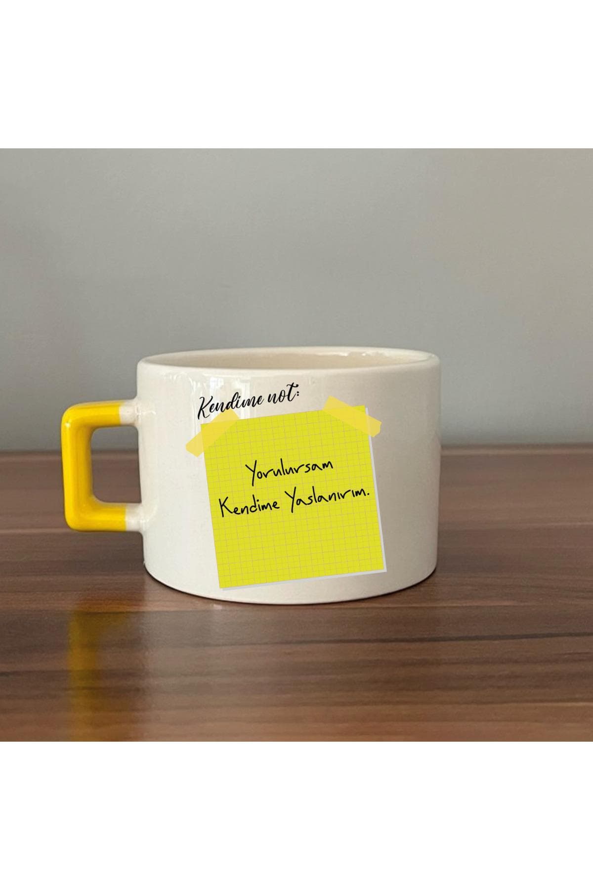 Kendime Not: Yorulursan Kendime Yaslanırım Baskılı Sarı Kulplu Kare Espresso Fincanı