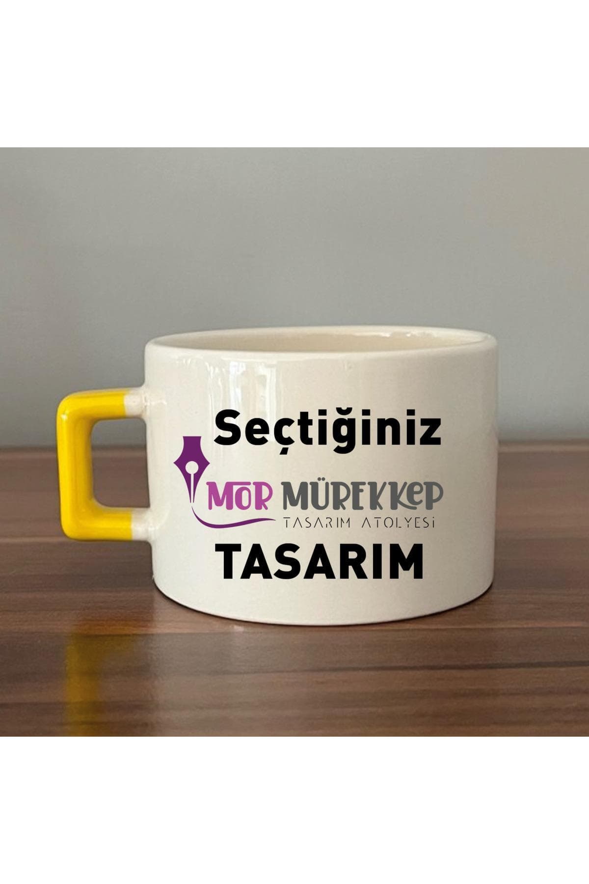 Logo & İsim Baskı Alanlı Sarı Kulplu Kare Espresso Fincanı