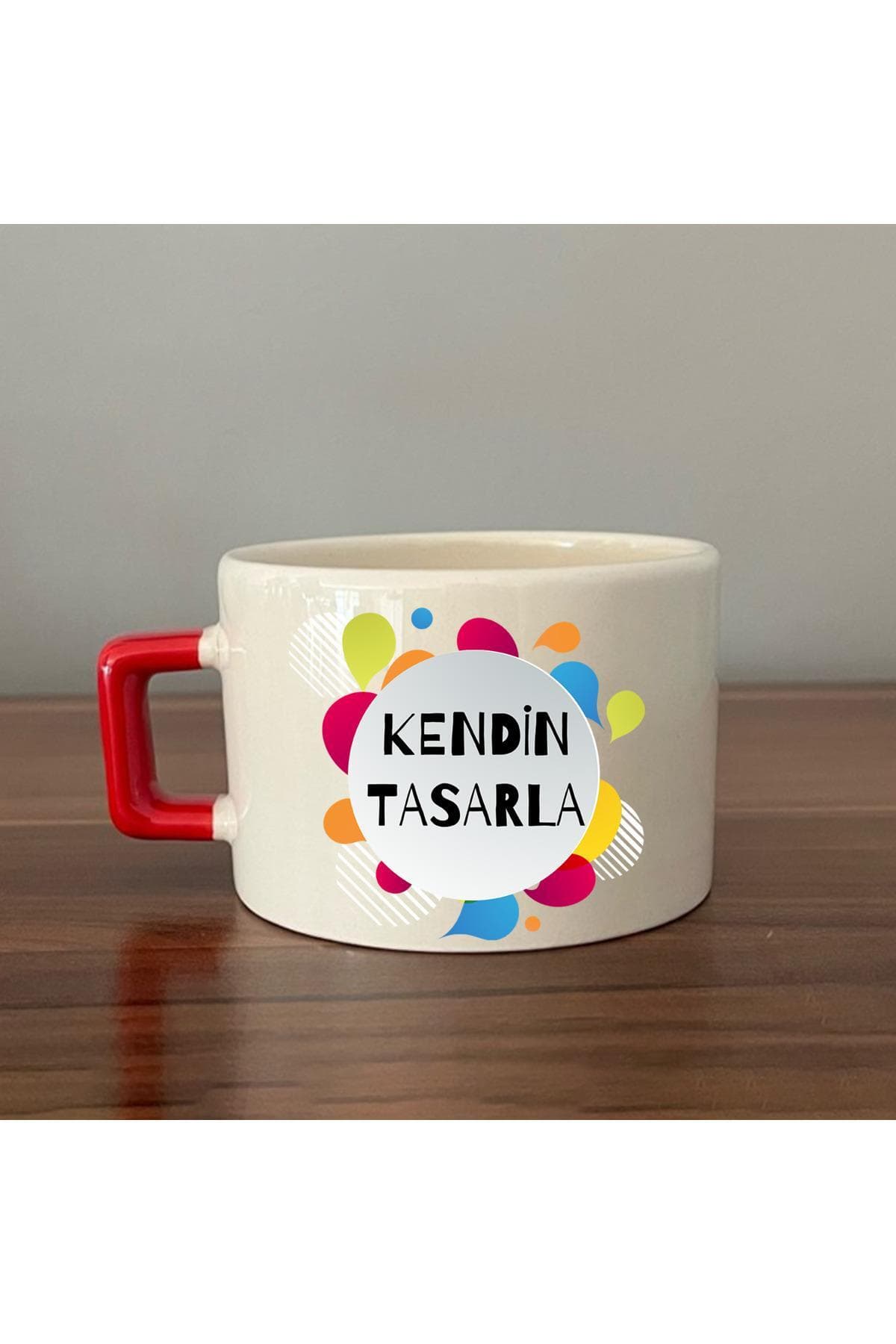Kendin Tasarla Renkli Şablonlu Kırmızı Kulplu Kare Espresso Fincanı