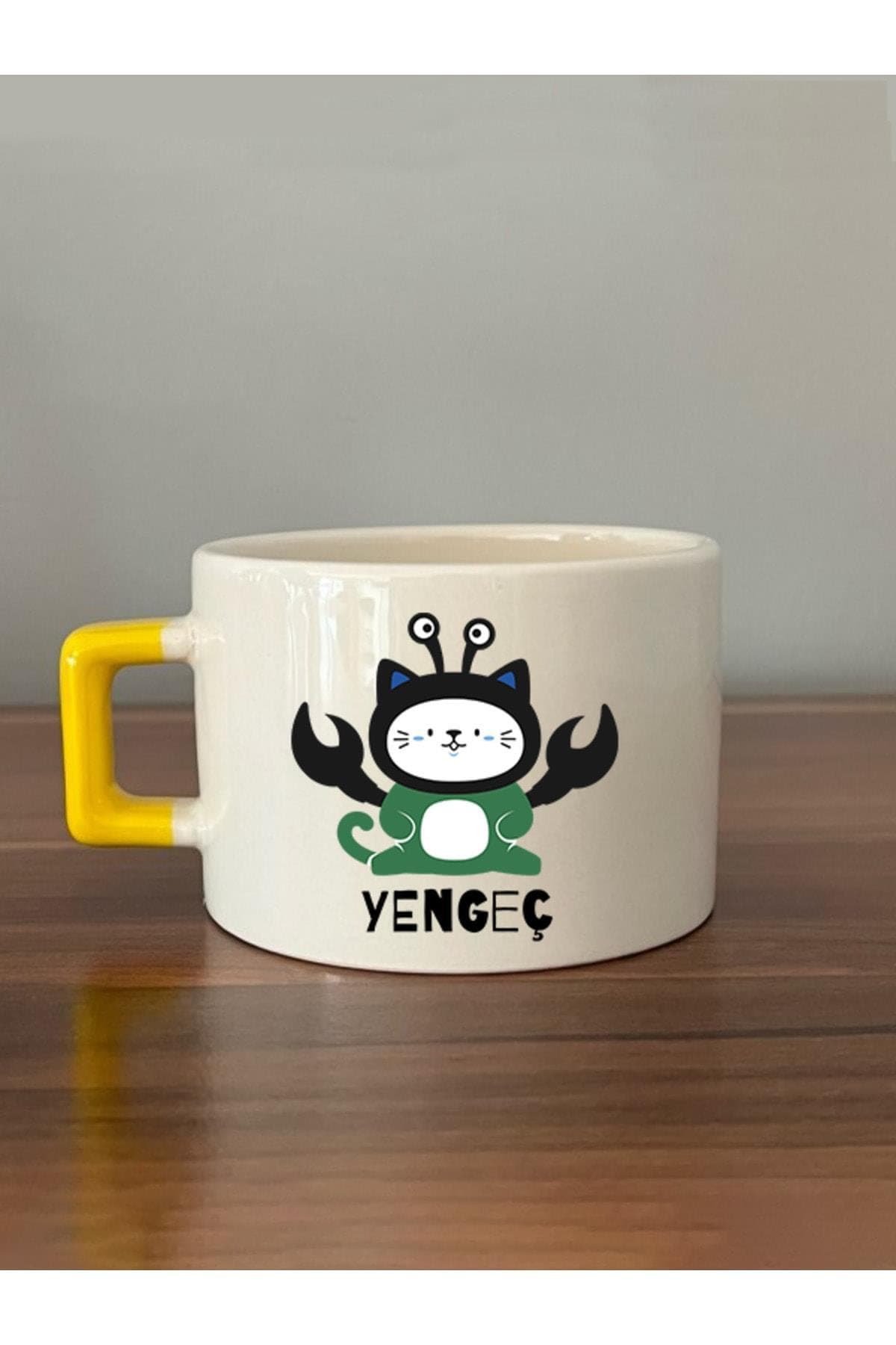 Yengeç Burcu Ve Onla Alakalı Komik Açıklama Simgesi Baskılı Yeşil Kedili Sarı Kare Espresso Fincanı