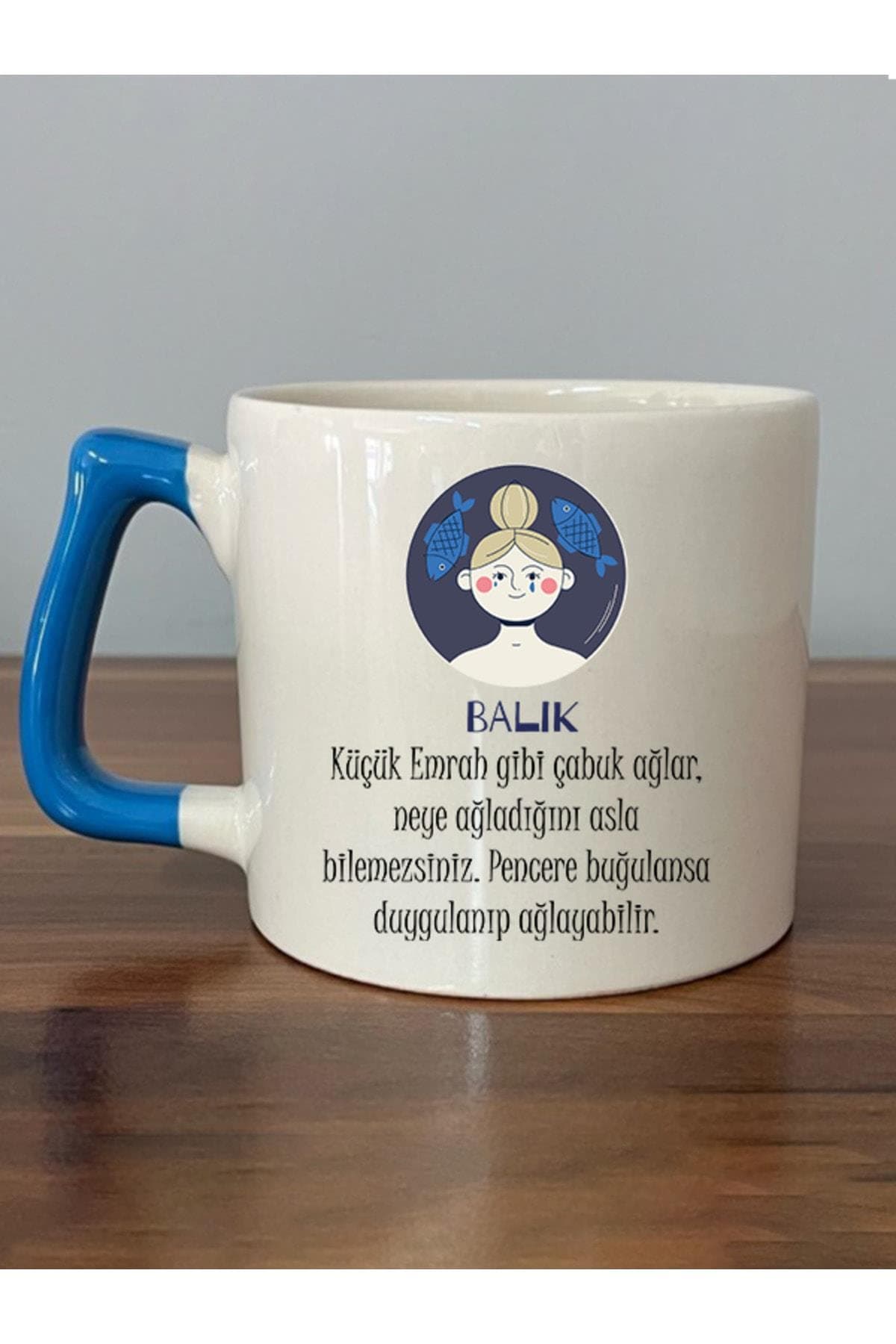 Balık Burcu ve Onla Alakalı Komik Açıklama Baskılı Mavi Kulplu Prime Kupa