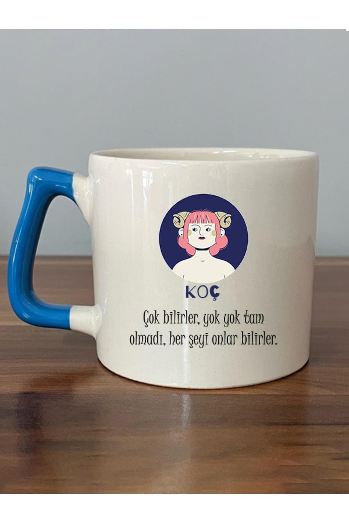 Koç Burcu ve Onla Alakalı Komik Açıklama Baskılı Mavi Kulplu Prime Kupa