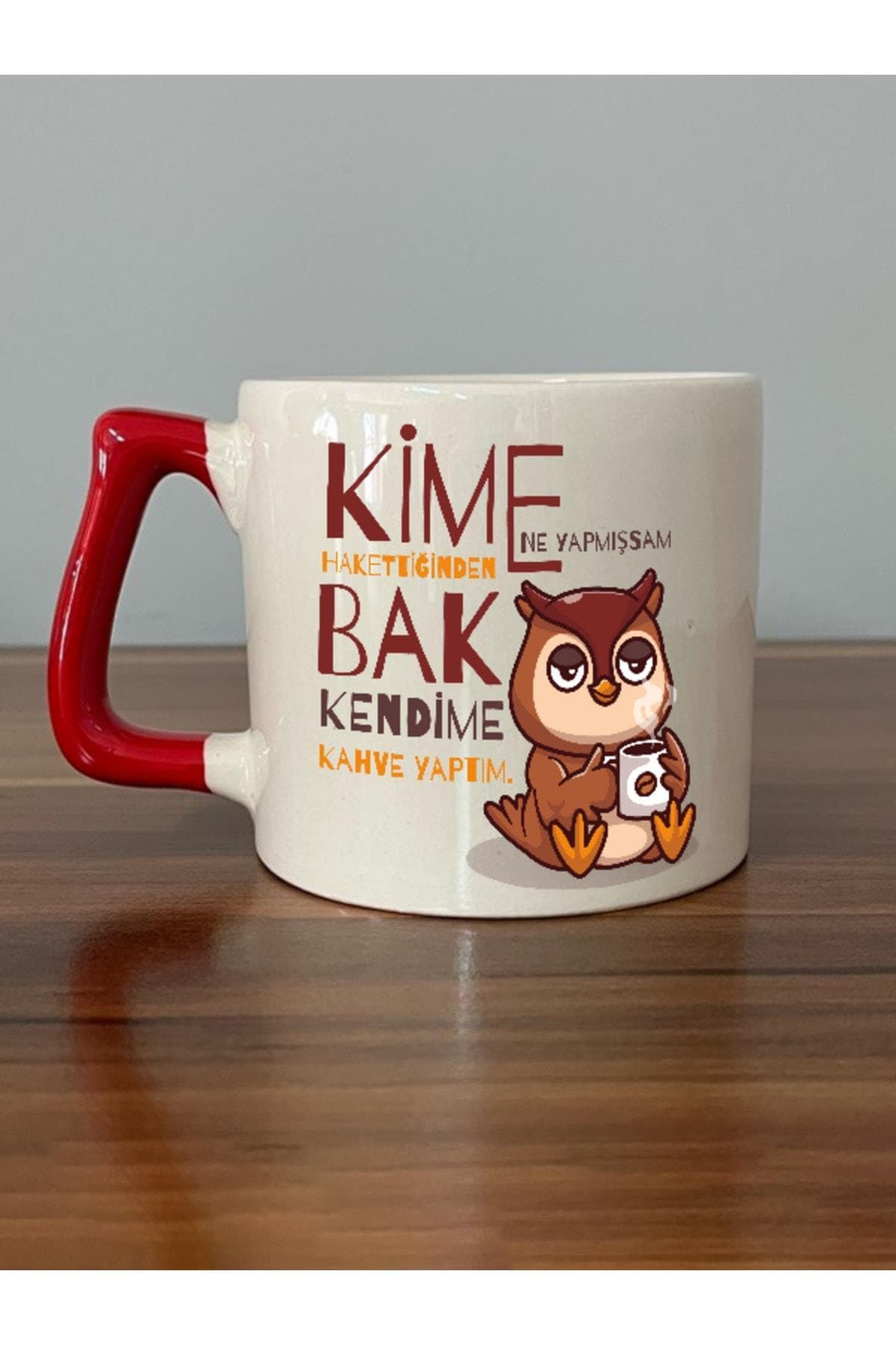 Baykuşlu Kahve Sever Replikli Kırmızı Kulplu Prime Kupa