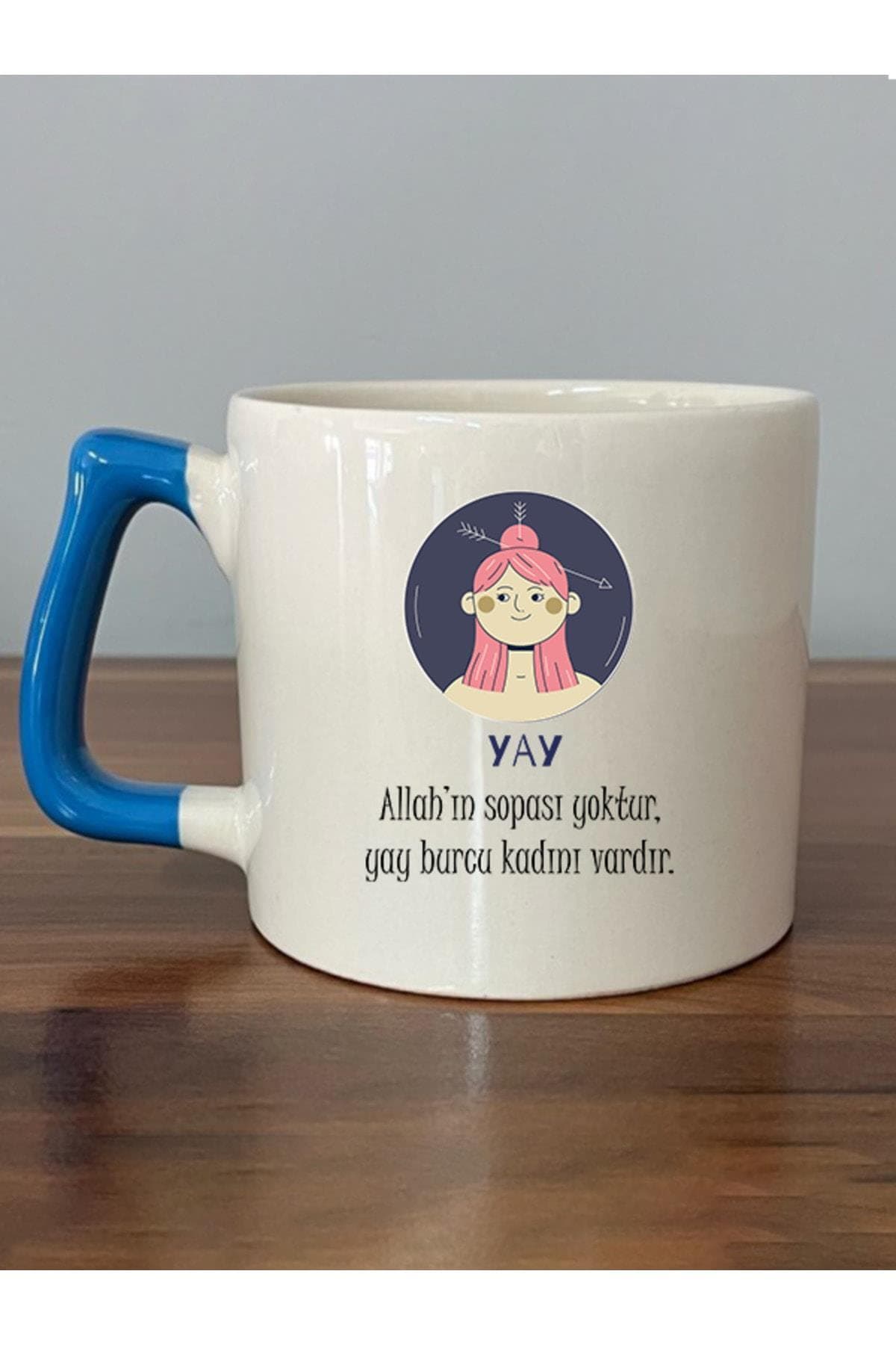 Yay Burcu ve Onla Alakalı Komik Açıklama Simgesi Baskılı Mavi Kulplu Prime Kupa