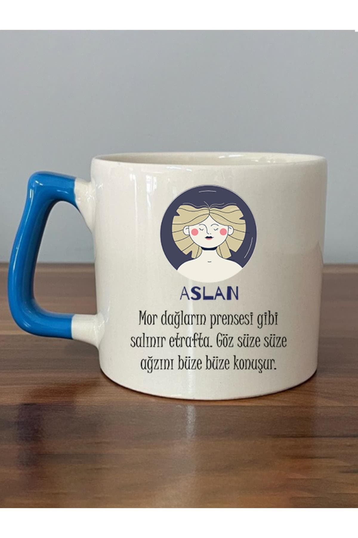 Aslan Burcu ve Onla Alakalı Komik Açıklama Baskılı Mavi Kulplu Prime Kupa