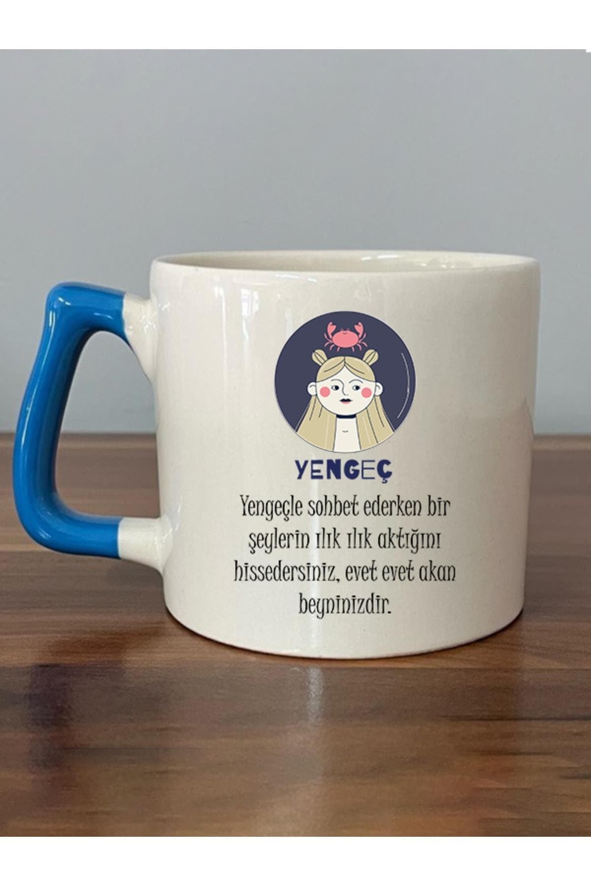 Yengeç Burcu ve Onla Alakalı Komik Açıklama Simgesi Baskılı Mavi Kulplu Prime Kupa