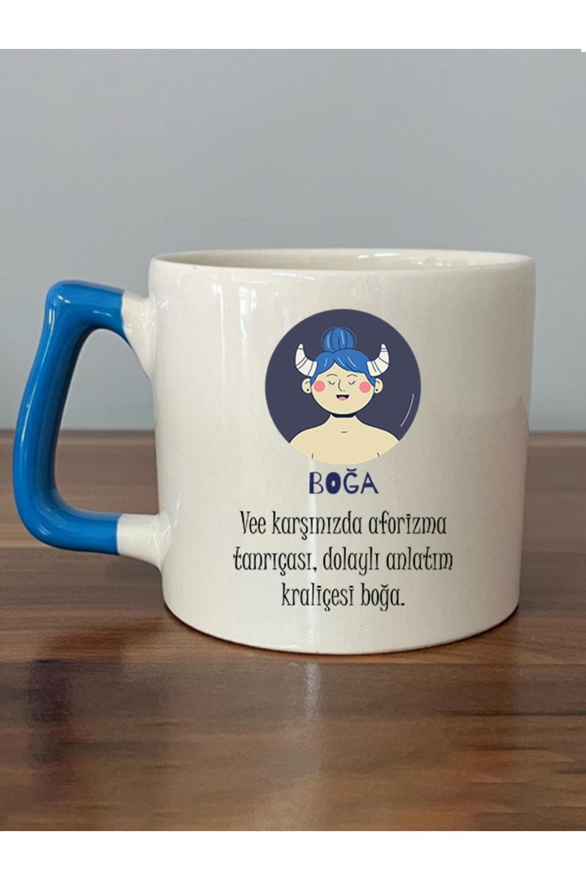 Boğa Burcu ve Onla Alakalı Komik Açıklama Baskılı Mavi Kulplu Prime Kupa
