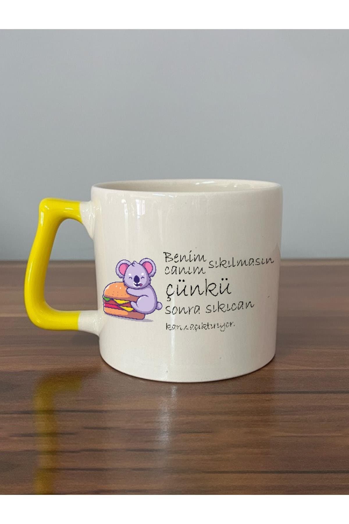 Sıkılınca Karnım Acıkıyor Koala Baskılı Sarı Kulplu Prime Kupa