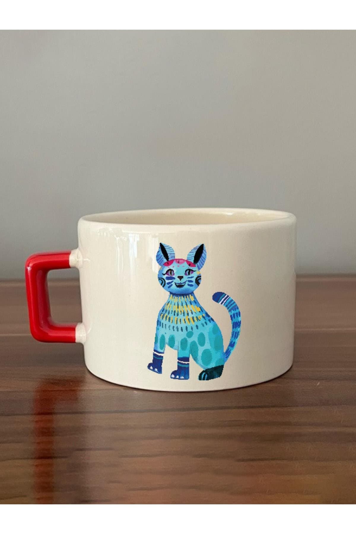 Neşeli Meksika Motifli Mavi Kedi Desenli Kırmızı Kulplu Kare Espresso Fincanı