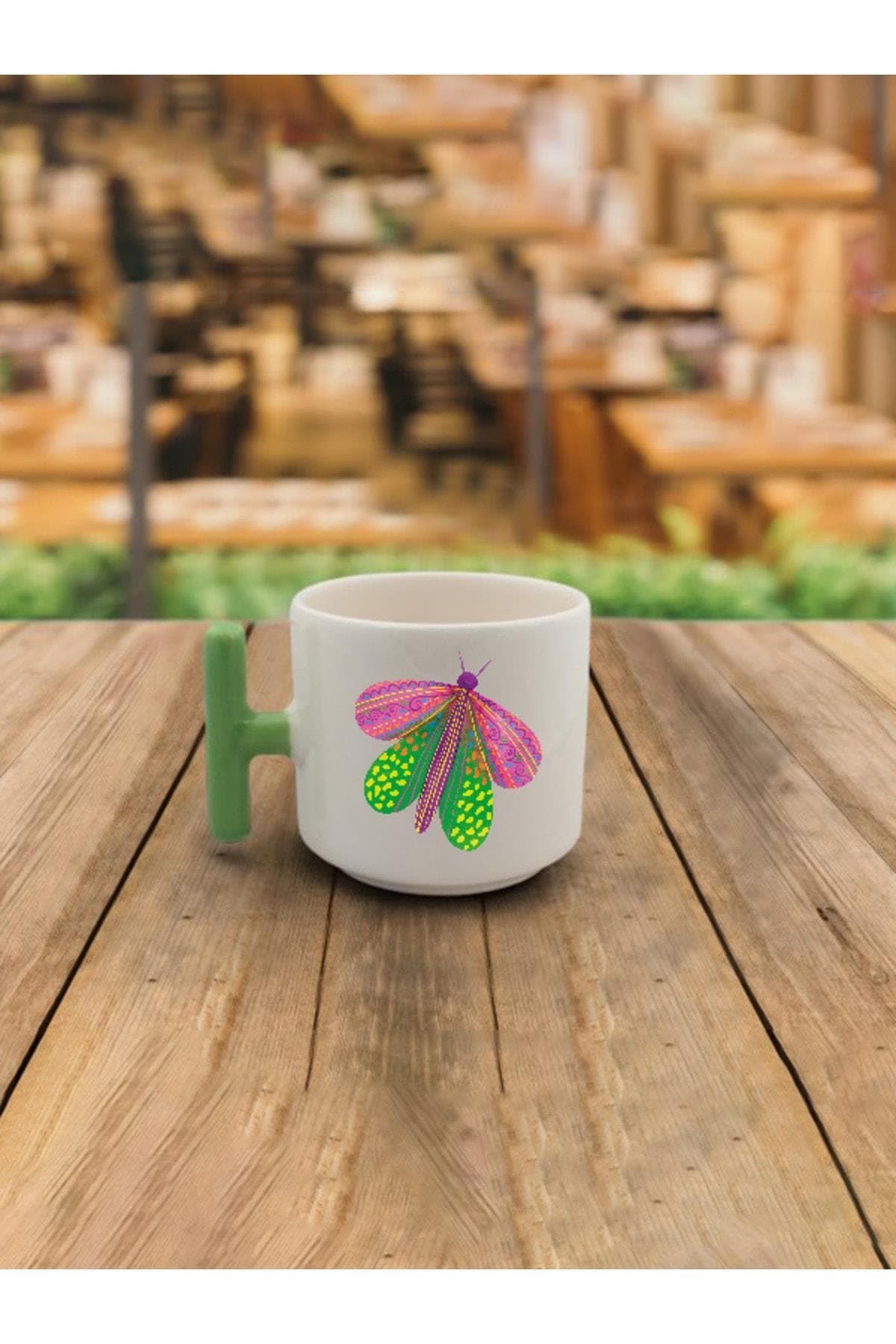 Latte Fincanı Kelebek Baskılı Yeşil Kulplu T Kupa