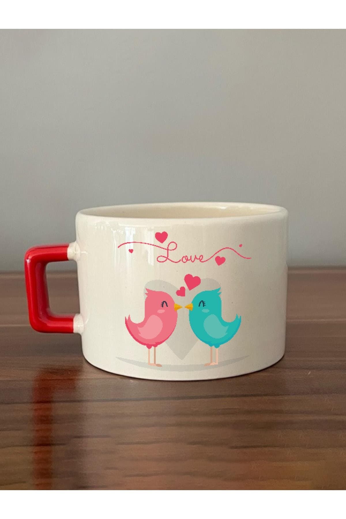 Love Kuşlar Baskılı Kırmızı Kulplu Kare Espresso Fincanı