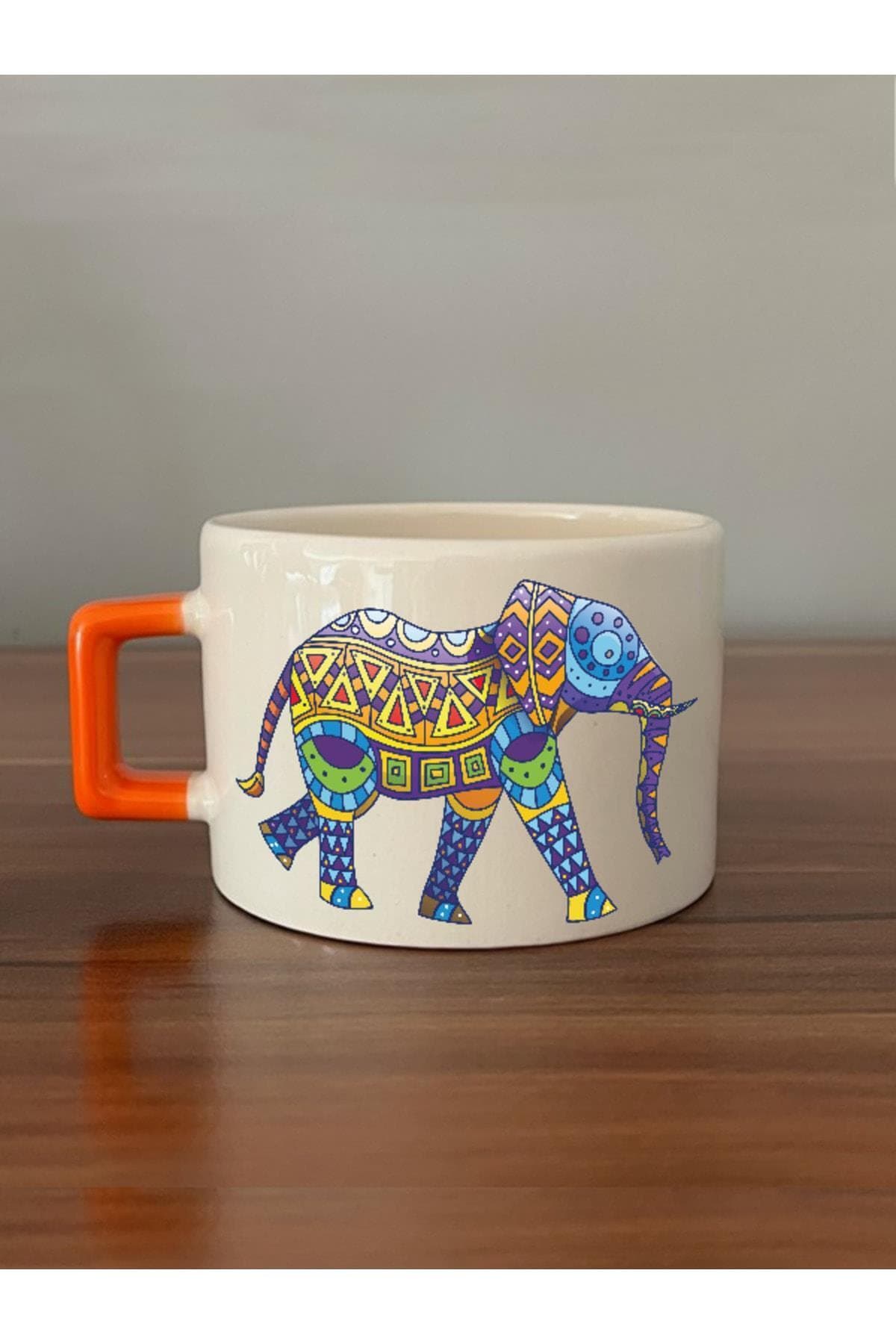 Renkli Mandala Fil Baskılı Turuncu Kulplu Kare Espresso Fincanı