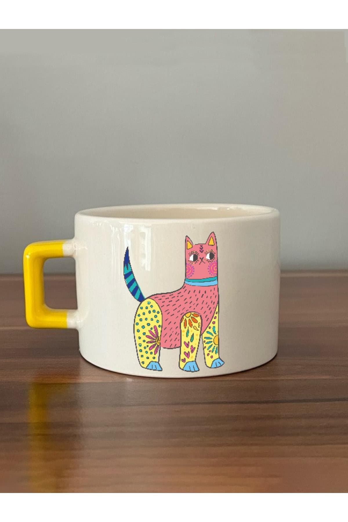 Sarı Pembe Kedi Baskılı Sarı Kulplu Kare Espresso Fincanı