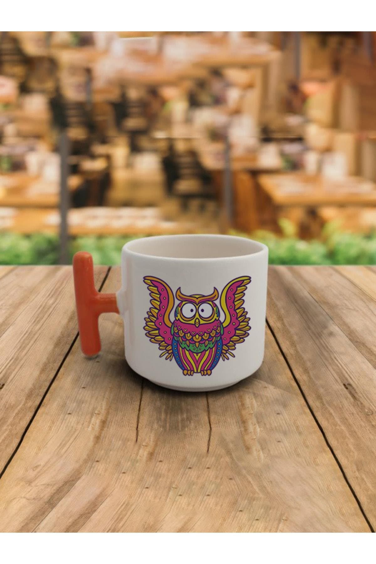 Latte Fincanı Uçan Baykuş Baskılı Turuncu Kulplu T Kupa