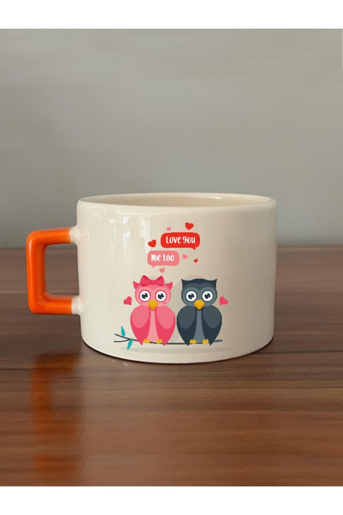 Love You Kuşlar Baskılı Turuncu Kulplu Kare Espresso Fincanı