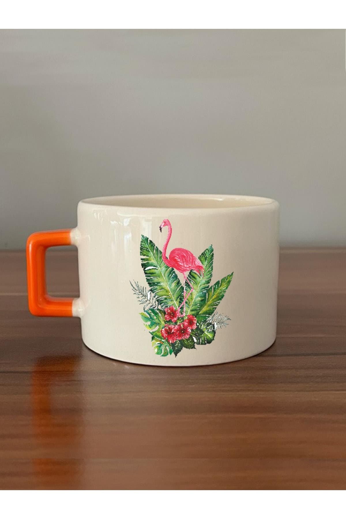Tropikal Flamingo ve Hibiskus Desenli Turuncu Kulplu Kare Espresso Fincanı