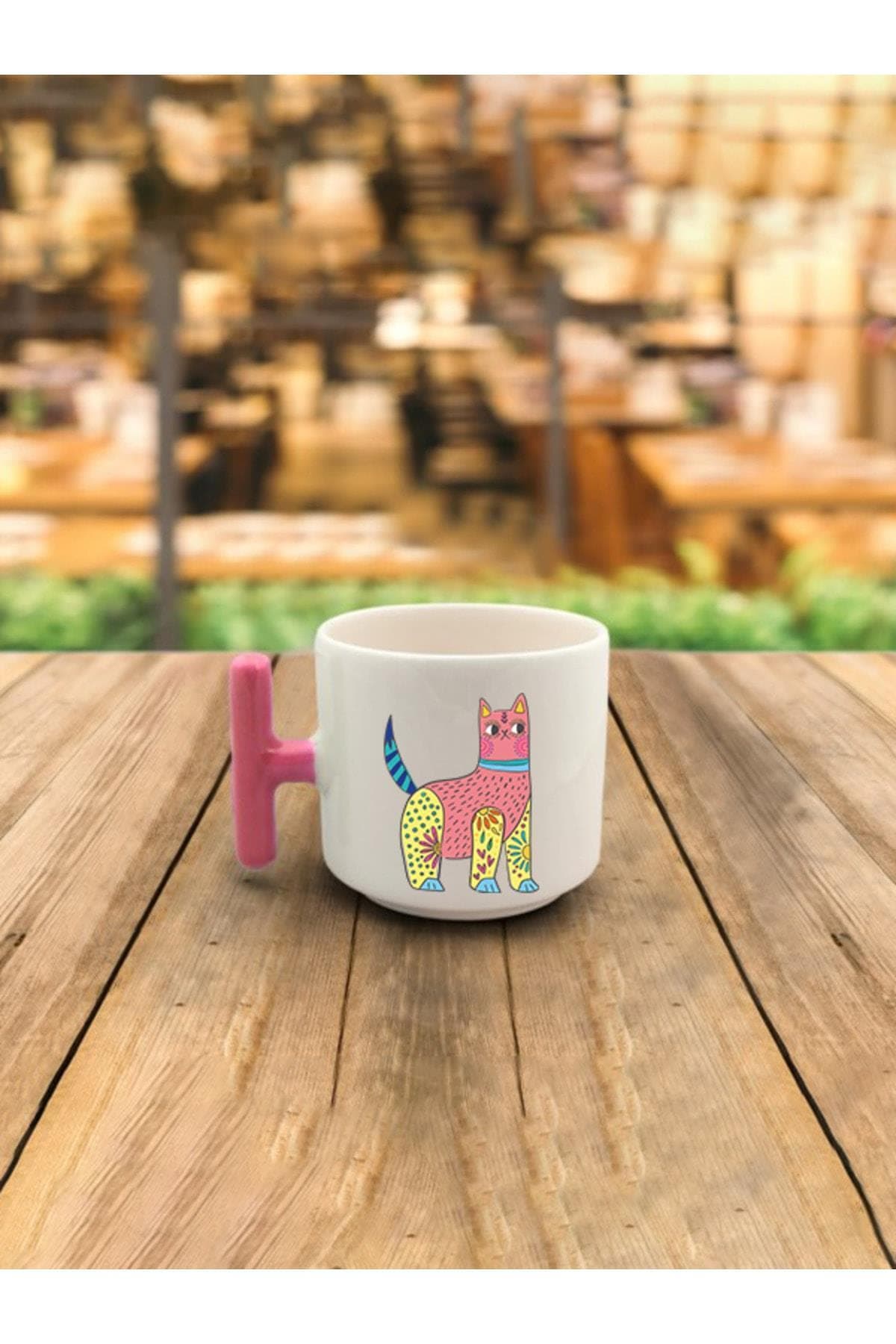 Latte Fincanı Sarı Pembe Kedi Baskılı Pembe Kulplu T Kupa