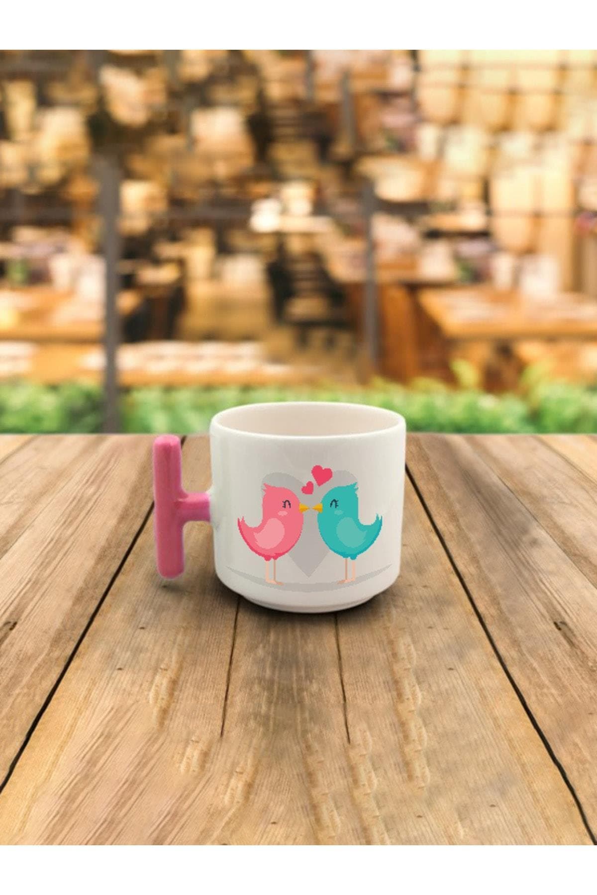 Latte Fincanı Kuşlar Öpücük Baskılı Pembe Kulplu T Kupa
