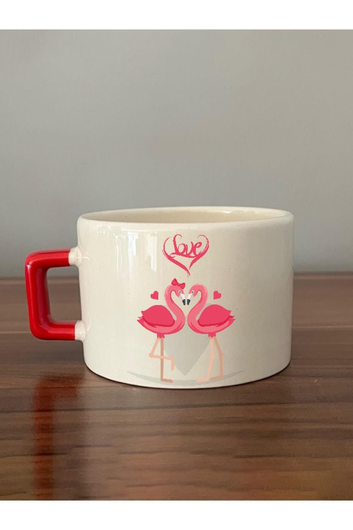 Love Flamingolar Baskılı Kırmızı Kulplu Kare Espresso Fincanı