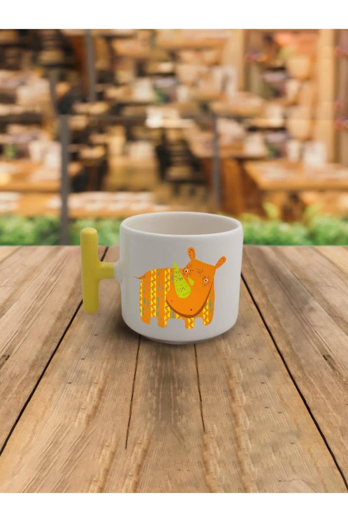 Latte Fincanı Hipopotam Baskılı Sarı Kulplu T Kupa