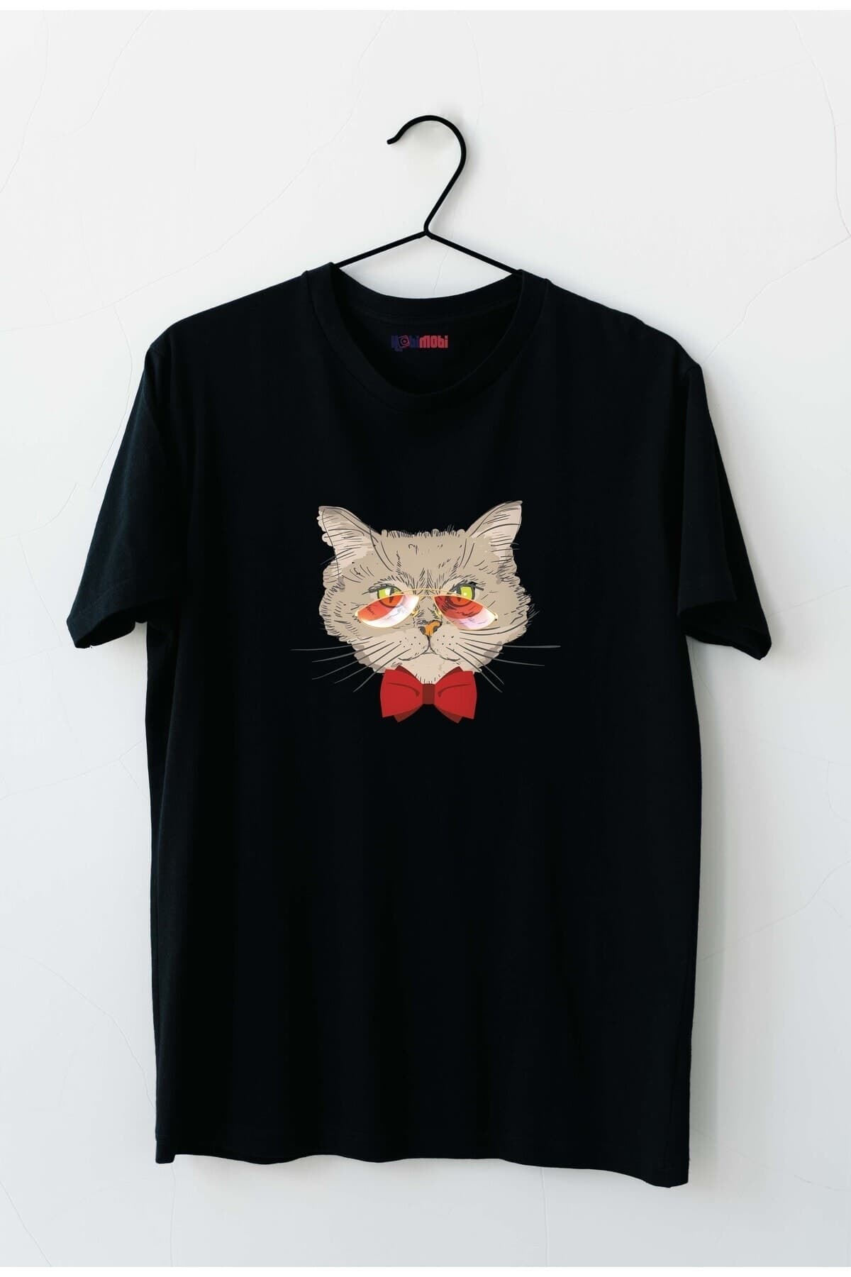 Gözlüklü Kırmızı Papyonlu Kedi Tasarım Baskılı Erkek Tshirt - L