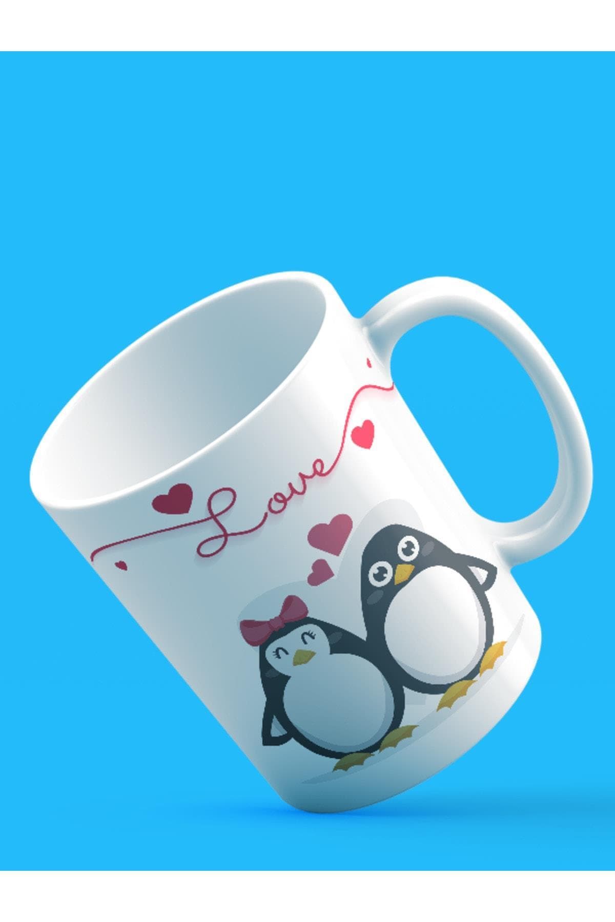 Love Penguenler Tasarım Baskılı Beyaz Kupa