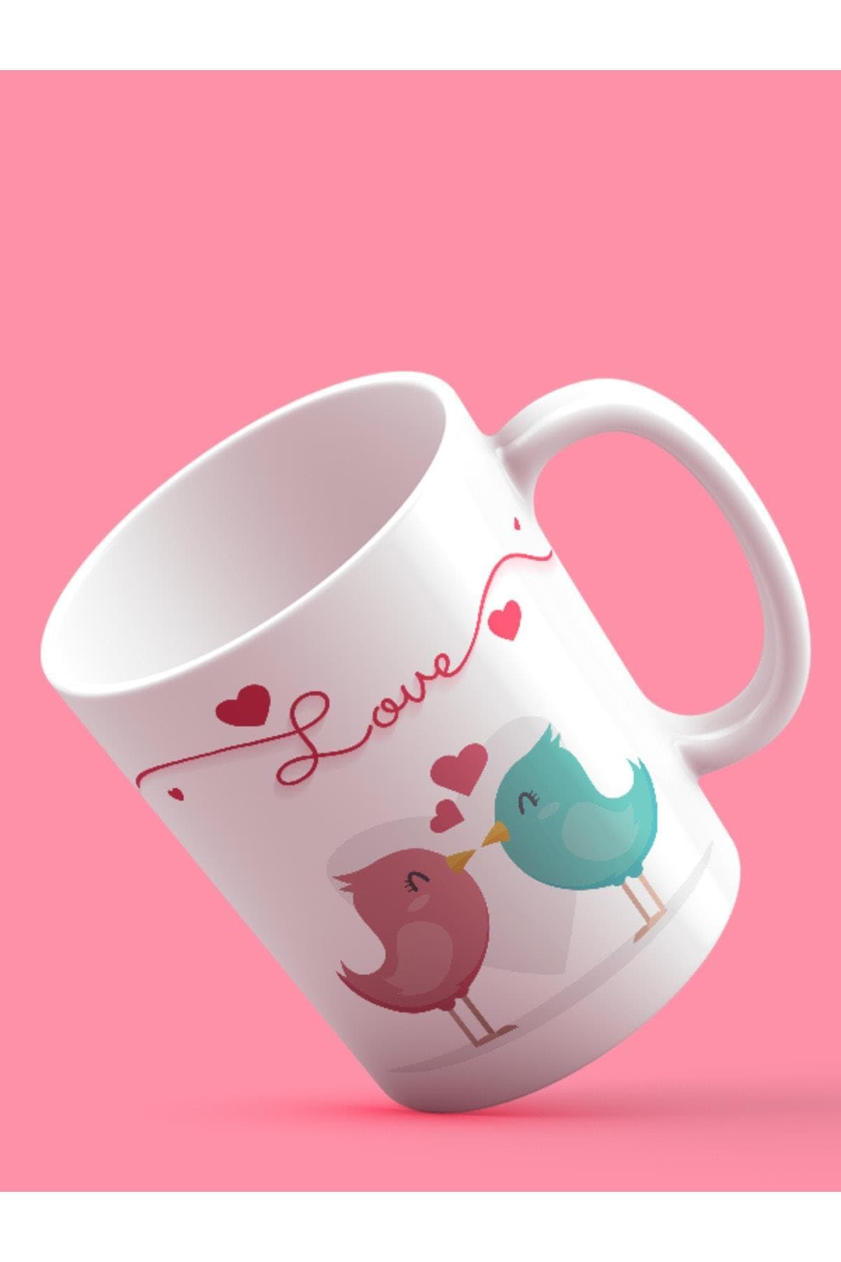 Love Kuşlar Tasarım Baskılı Beyaz Kupa