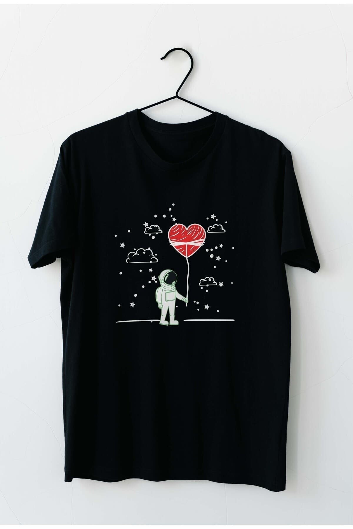 Kalpli Balonlu Astronot Tasarım Baskılı Erkek Tshirt - L