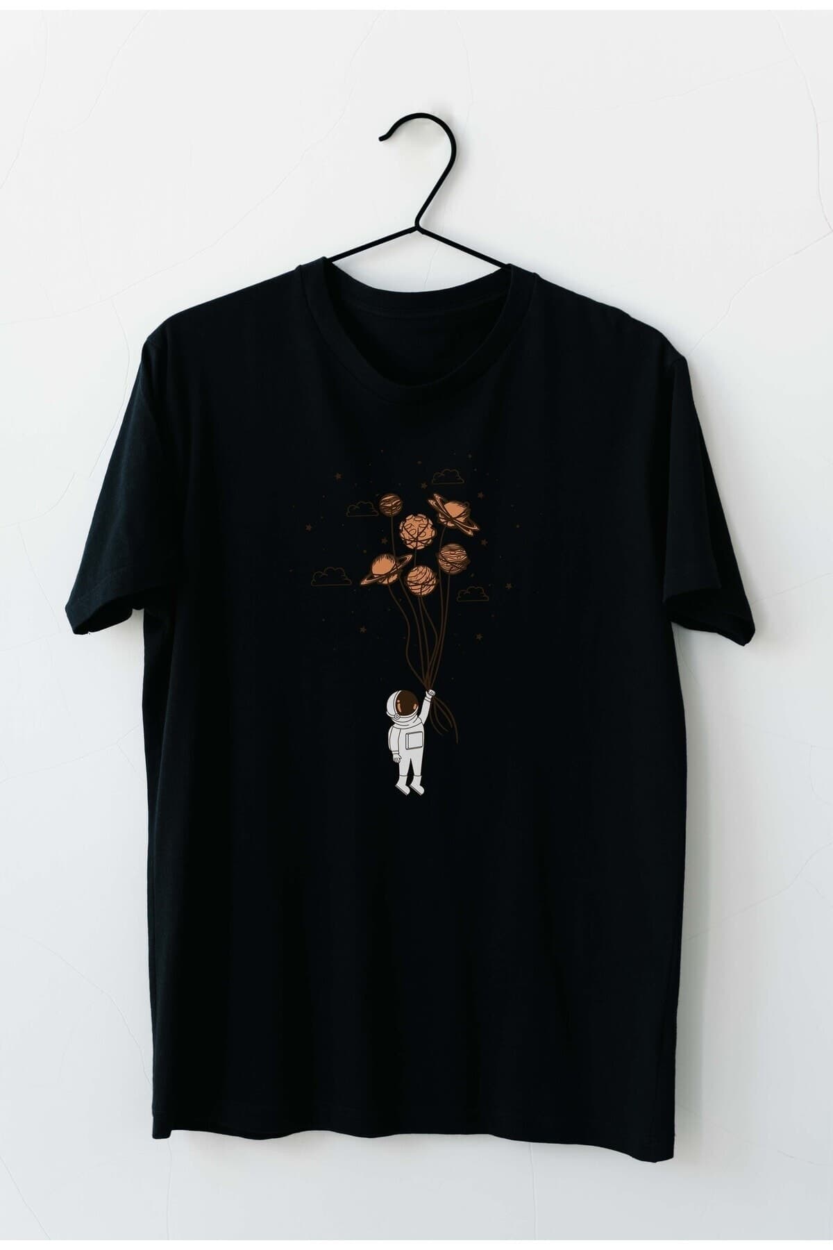 Ufo Balonlu Astronot Tasarım Baskılı Erkek Tshirt - L