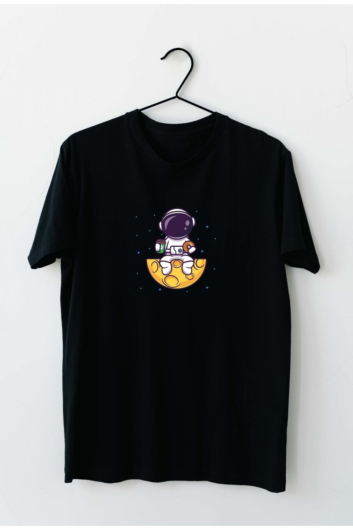 Astronot Kahve Saati Tasarım Baskılı Erkek Tshirt - L