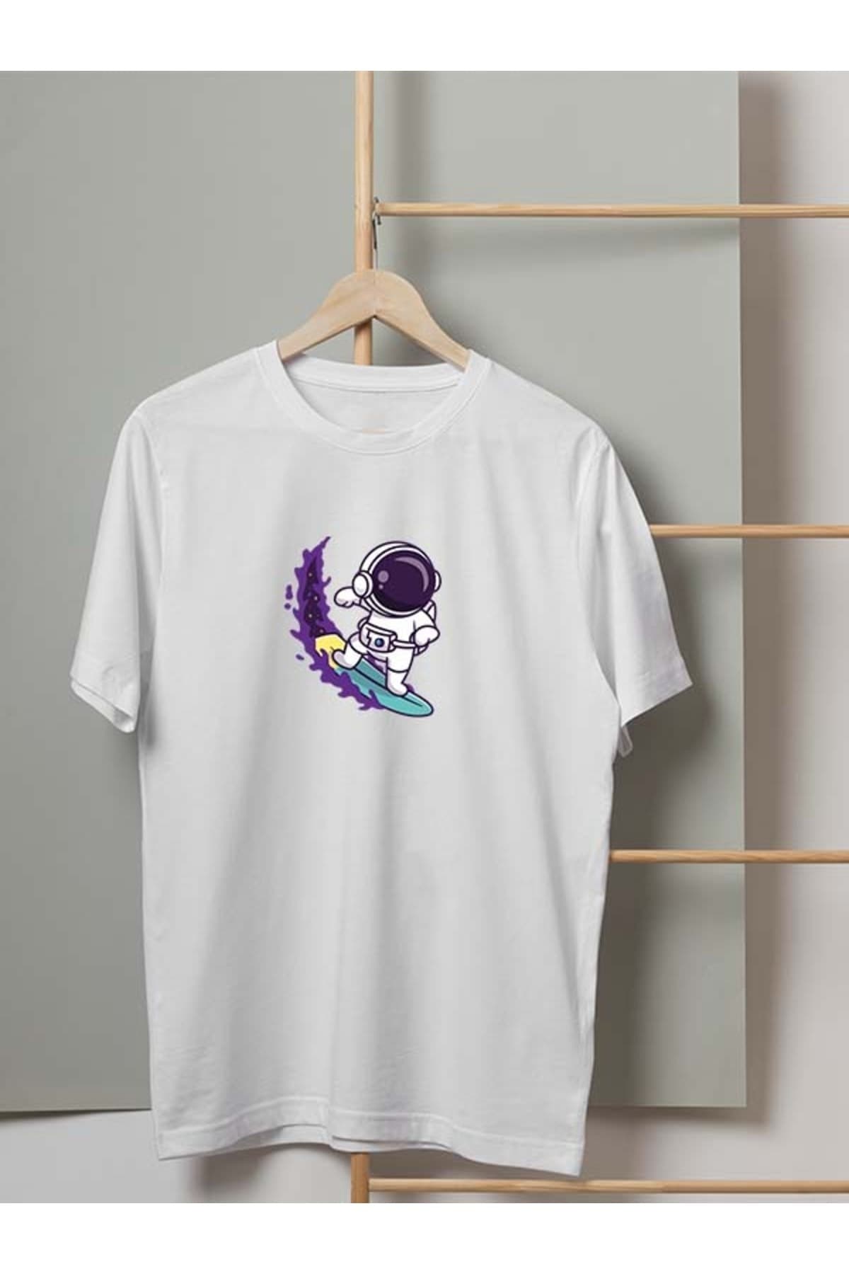 Su Kayağı ve Astronot Tasarım Baskılı Erkek Tshirt - XL