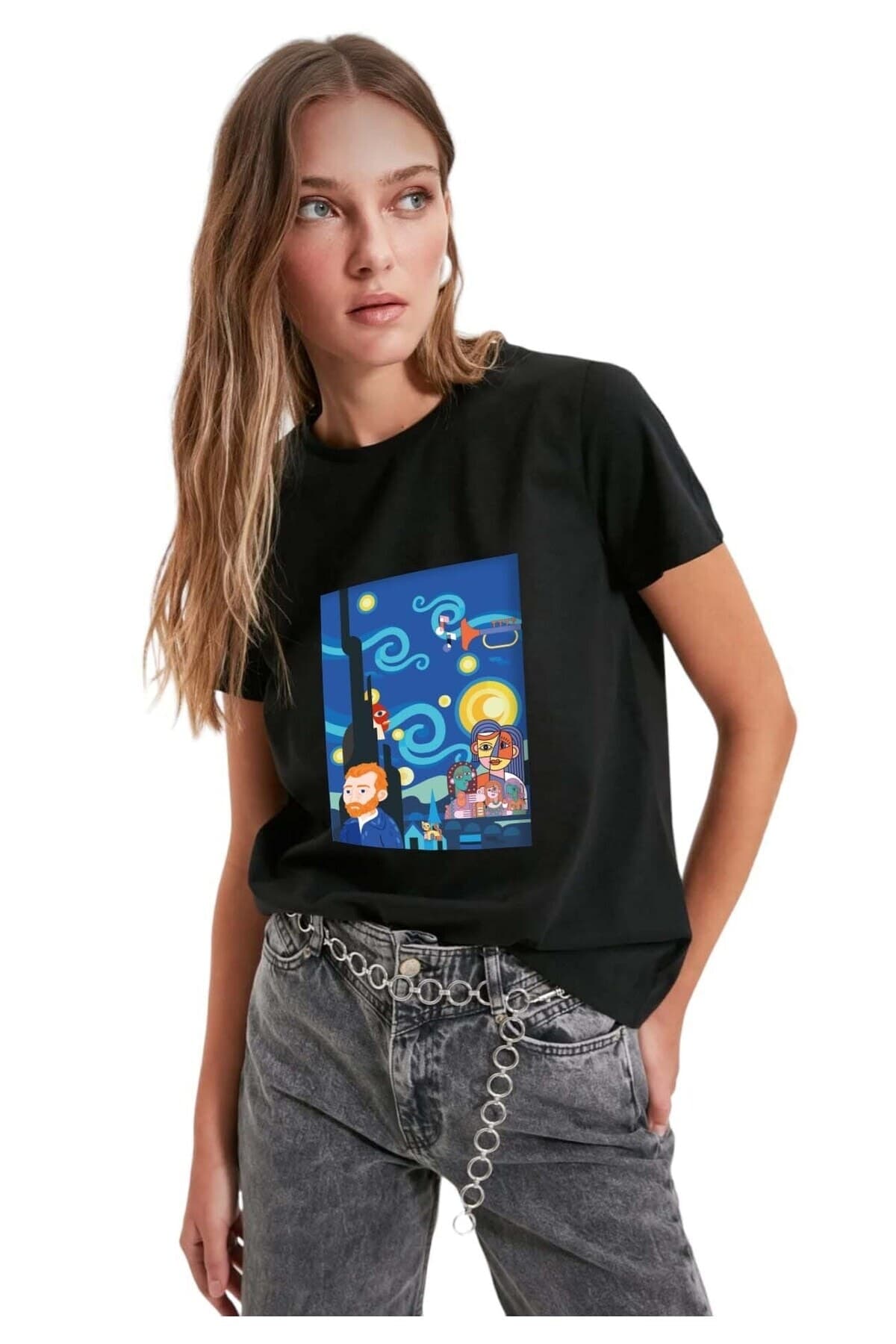 Van Gogh Rüyası Tasarım Baskılı Kadın Tshirt - XL