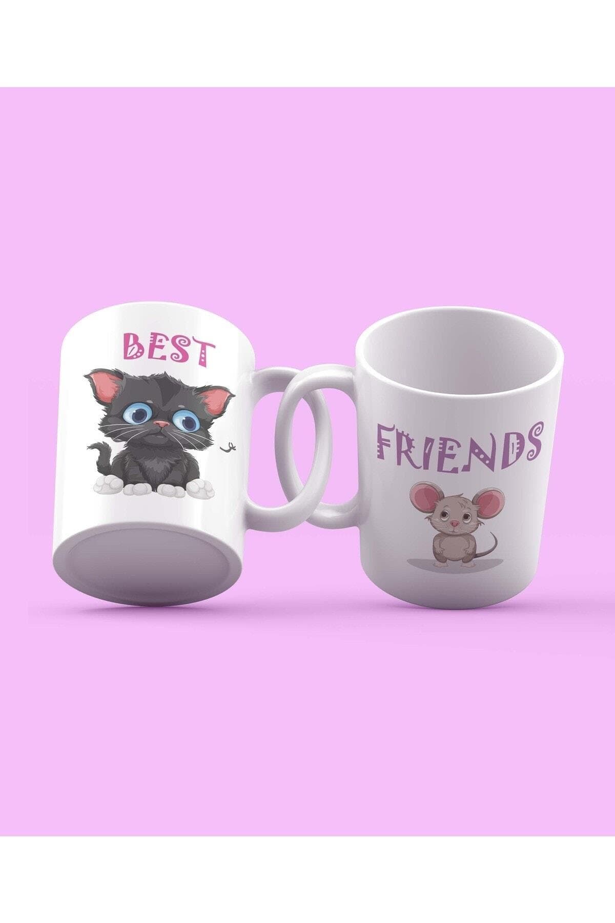Best Friends Kedi Fare Tasarım 2'li Beyaz Set Kupa