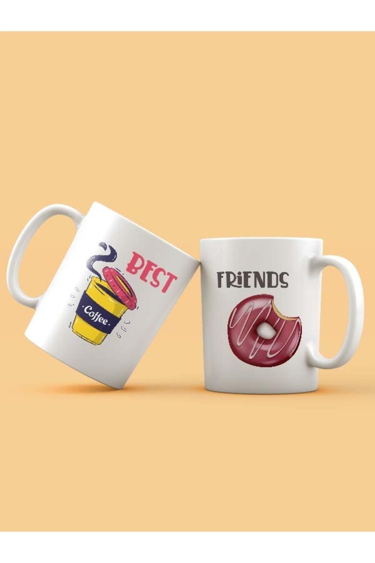 Best Friends Kahve Donut Tasarım 2'li Beyaz Set Kupa