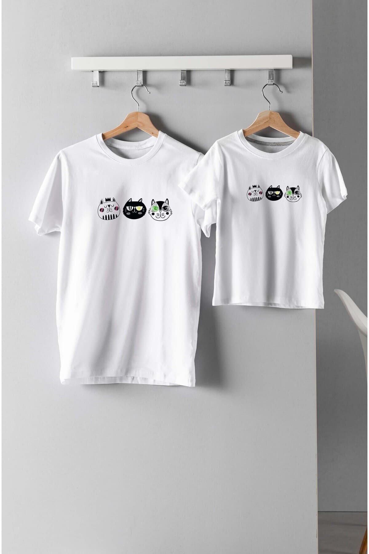 3 lü Kediler Tasarım Baskılı Anne Kız Çocuk Tshirt - XXL