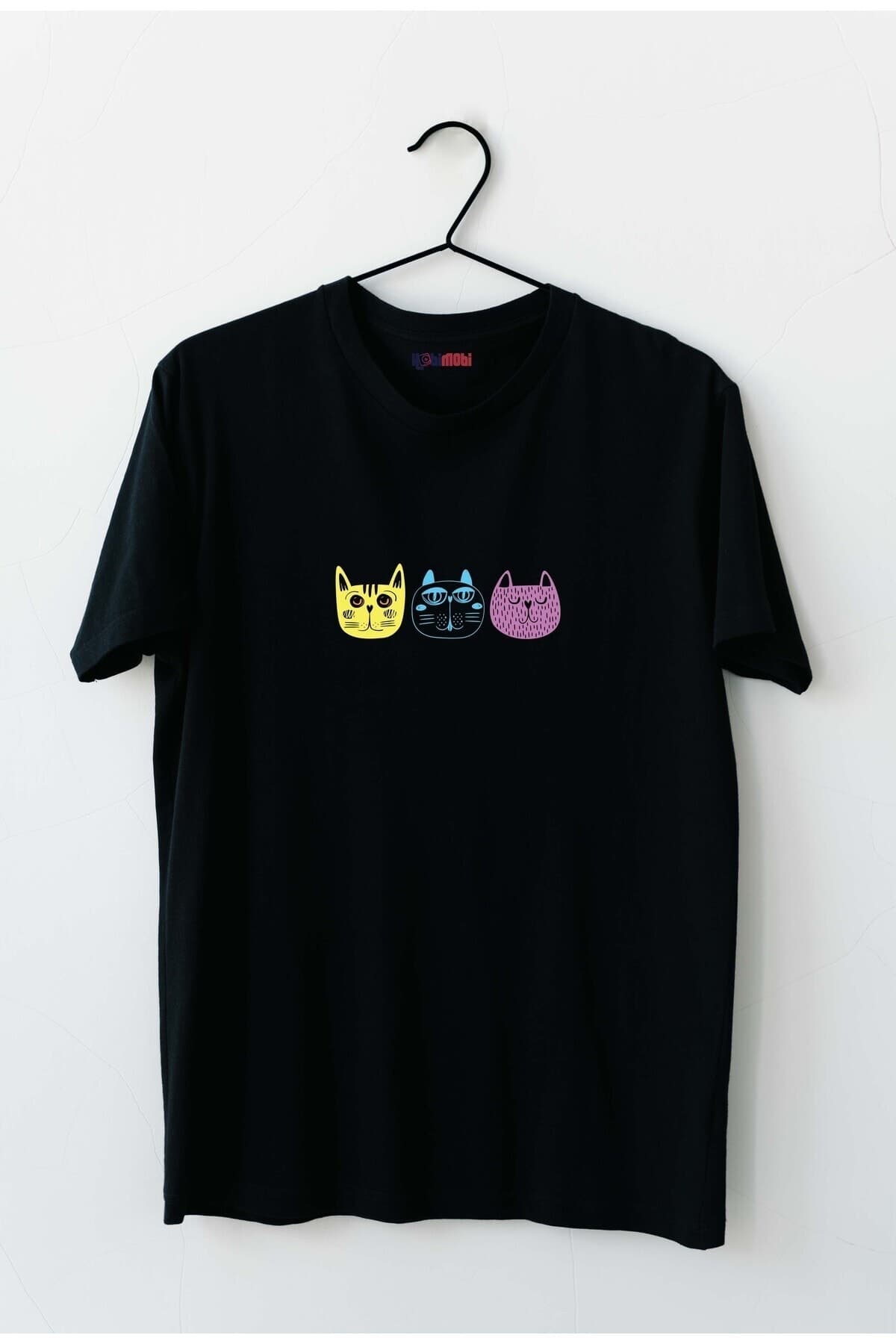 Sarı-Mavi-Mor Kediler Tasarım Baskılı Kadın Tshirt - XXL