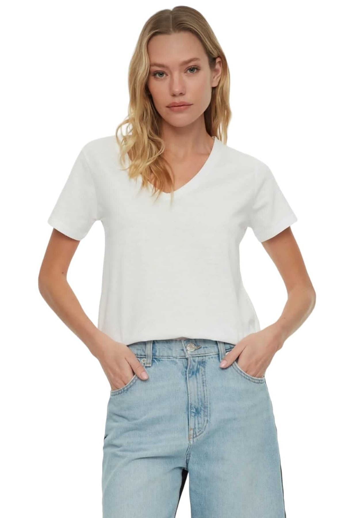 Basic V Yaka Beyaz Kadın Tshirt - L